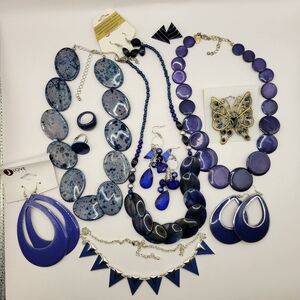 Curated Jewelry Lot of Blue Gray Silver colored Necklaces Earrings and Rings